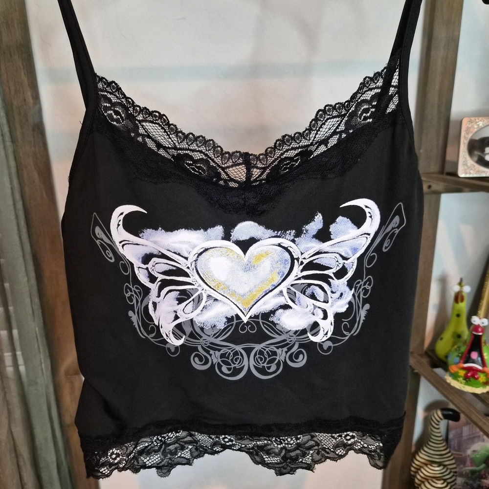 Black Lace Trim Crop Top with Heart Design #0091